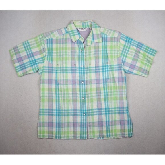 VICTORIA JONES - WOMEN'S BLUE & GREEN PLAID SHORT SLEEVE BUTTON-UP TOP - SIZE PS - Picture 2 of 8